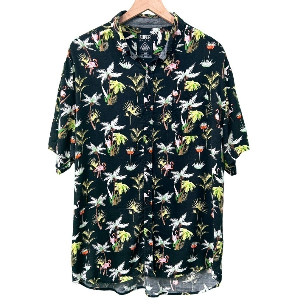 Super‎ Massive Mens Tropical Pink Flamingo Button Up Tee Size Large Beach Casual